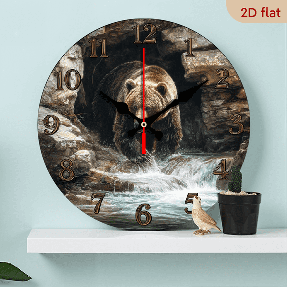 2D Flat, 1pc Charming Brown Bear Wooden Wall Clock - Silent, Easy-to-Read Design for Kitchen, Bedroom, Office - Farmhouse Decor, Battery Not Included, 10-inch