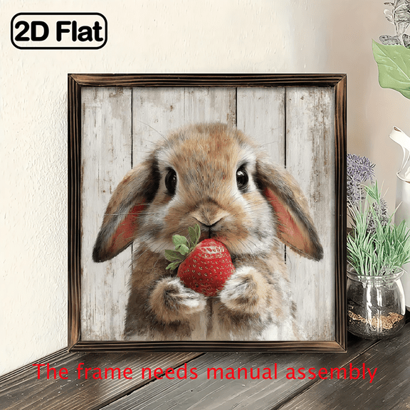 2D Flat, 1pc Charming Bunny Strawberry Wooden Framed Wall Art - Easter-Themed Rabbit with Strawberry Green Foliage Painting, 8x8 Inch Rustic Farmhouse Decor.