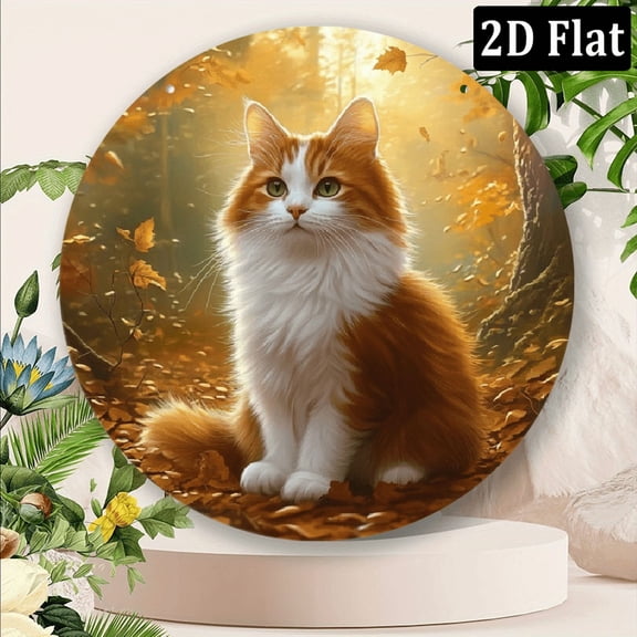 2D Flat, 1pc Charming Cat Autumn Leaves Round Metal Wall Decor - Durable Aluminum 8x8 Inch, Multicolor Fall Theme with Vibrant Autumn Leaves Cozy Cat Design - Elegant Home, Bar