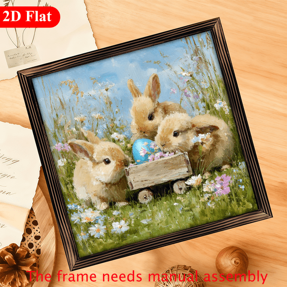 2D Flat, 1pc Charming Easter Bunny Daisy Garden Scene - 12x12 Vintage Framed Wooden Wall Art, Rustic Decor for Kitchen, Bathroom, Bedroom, Office - Ideal Housewarming Gift, Bunny Accessories, Thre