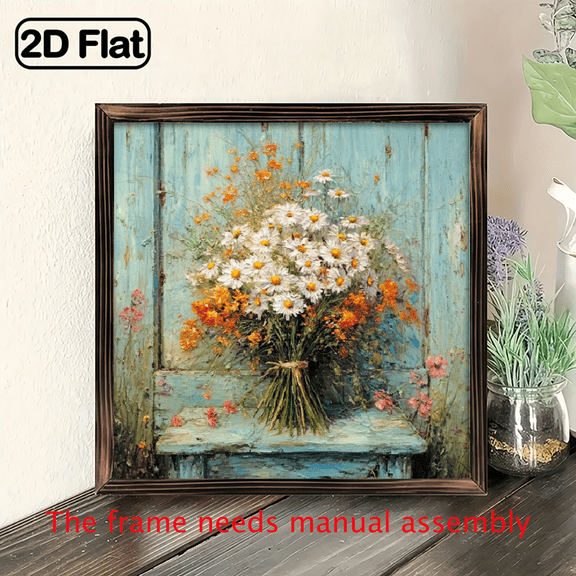 2D Flat 1pc Charming Farmhouse Style Spring Floral Art Wooden Sign 8x8 Inch Vibrant Daisy Wildflower Design, Rustic Blue Bench Scene, Perfect for Living Room, Office Desk Decor, or Party
