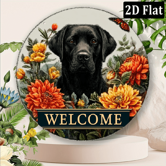 2D Flat, 1pc Charming Labrador Autumn Floral Round Aluminum Welcome Sign - Vibrant Wall Art for Home, Bar, Garage, Cafe Ideal Farmhouse Decor Holiday Gift, Dog Decor