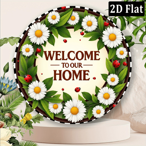 2D Flat, 1pc Charming Ladybug Daisy Welcome Sign - Round Wreath with Checkered Ribbon, Ideal for Spring Decor, Door Wall Accent in Kitchen, Porch, Patio - Perfect Women's Gift, Perfect for Room De