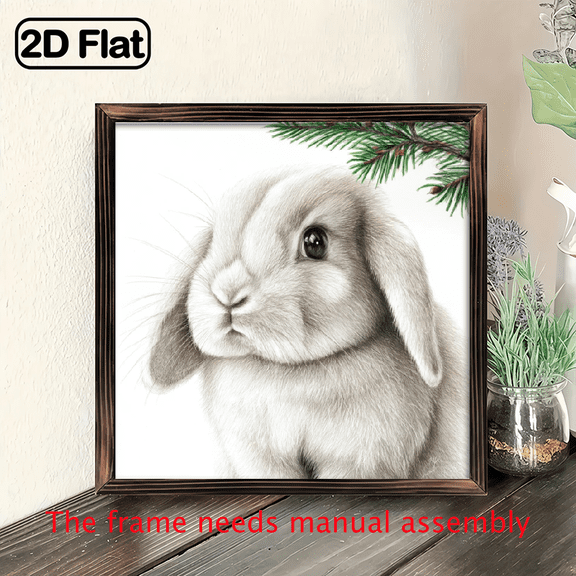 2D Flat, 1pc Charming Lop Eared Rabbit Art Drawing - 8x8 Inch Wooden Framed Sign, Realistic Black White Sketch with Greenery Accents, Perfect for Living Room, Dining Desk Decor, Ideal Gift for Bunny