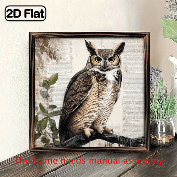 2D Flat, 1pc, Charming Owl Art Wooden Wall Sign 8 x 8 Inch, with Frame Indoor Decorative Signs for Living Room, Bedroom, Cabin, Farmhouse, Office - Perfect Gift for Animal Lovers