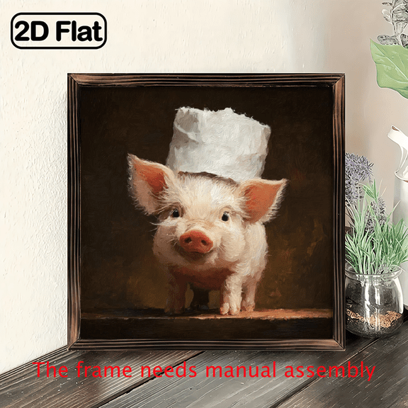 2D Flat 1pc Charming Pig in Chef Hat Wooden Framed Decorative Sign - 8x8 Inch Rustic Village Style Plaque, Perfect for Easter, St Patrick's Day, or Whimsical Home Decor, Ideal Gift for Bedroom, Li