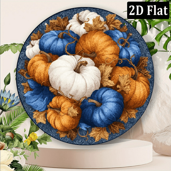 2D Flat, 1pc Charming Pumpkin Autumn Leaves Round Metal Wreath Sign - Vibrant Fall Colors, Ideal for Thanksgiving Decor, Suitable for Home, Restaurant - Durable Aluminum, IndoorOutdoor Use, 8*8in