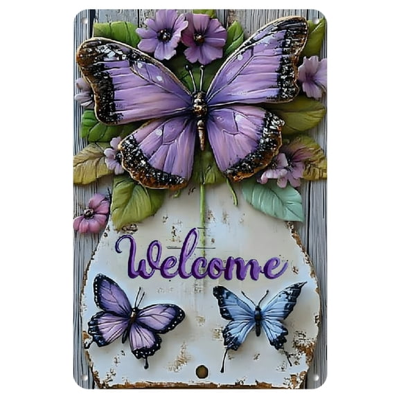 [2D Flat]1pc Charming Purple Butterfly & Floral Welcome Metal Sign - Durable, Waterproof Spring/Summer Decor with Vibrant Colors, 12x8 Inches, Perfect for Home, Office, or Bar, Office Wall Art