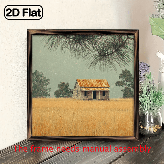 2D Flat 1pc Charming Rustic Old House Landscape Wood Framed Sign 8x8 Inch, With Frame Farmhouse Style Decorative Sign for Living Room Office Desks, Decorative plague, Perfect Festive Gift For Hall