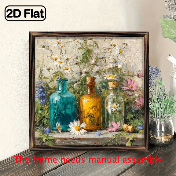 2D Flat, 1pc Charming Spring Floral Art Wood Framed Sign 8x8 Inch - Rustic Farmhouse Style Wall Decor with Vintage Bottles Wildflowers, Perfect for Living Room Office Desks, Ideal Holiday Gift