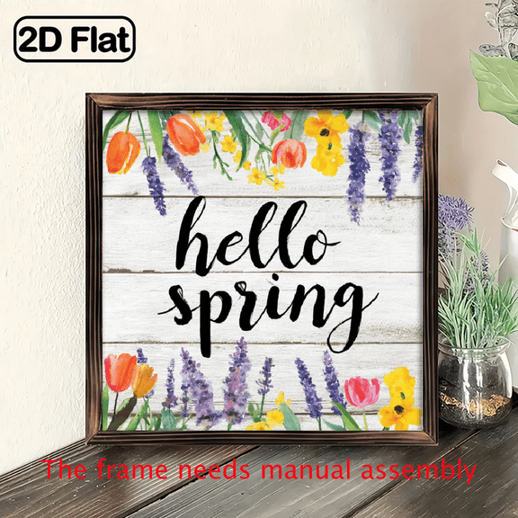 2D Flat 1pc Charming Spring Tulip 'Hello Spring' Wooden Sign - 8x8 Inch Framed Farmhouse Decor, Colorful Floral Art for Home, Room, Garden - Rustic Wall Hanging Perfect for Easter and Seasonal
