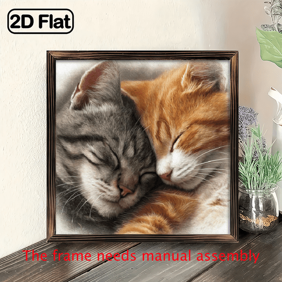 2D Flat, 1pc Charming Valentine'S Day Cat Couple Wooden Framed Wall Art - 8x8 Inch Romantic Kitten Feline Lover Gift, Perfect for Farmhouse, Bedroom, Office Decor, No Power Needed, Cat Decor, Bedr