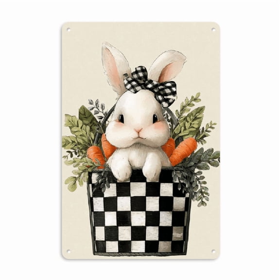 2D Flat 1pc Charming Vintage Bunny Iron Wall Art 8*12inch Rustic Easter Decor with Checkered Basket Wildflowers Ideal for Home, Bedroom, Office, Farmhouse Unique Gift Idea, Bunny Accessories