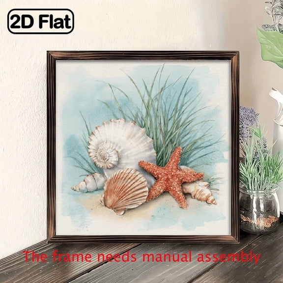 2D Flat, 1pc Charming Watercolor Style Starfish Blue Shell Study Wooden Sign 8 Inch with Frame Beach Ocean Theme Nautical Coastal Beach Bathroom Decor, Perfect Decorative Signs for Farmhouse