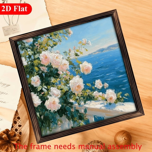2D Flat, 1pc, Charming White Pink Roses In Front of The Sea Sign, with Frame Oil Painting Style Summer Wall Decorative Signs for Home, Room, Cafe Garage Shelf or Table Decor, Ideal Gift for Holi