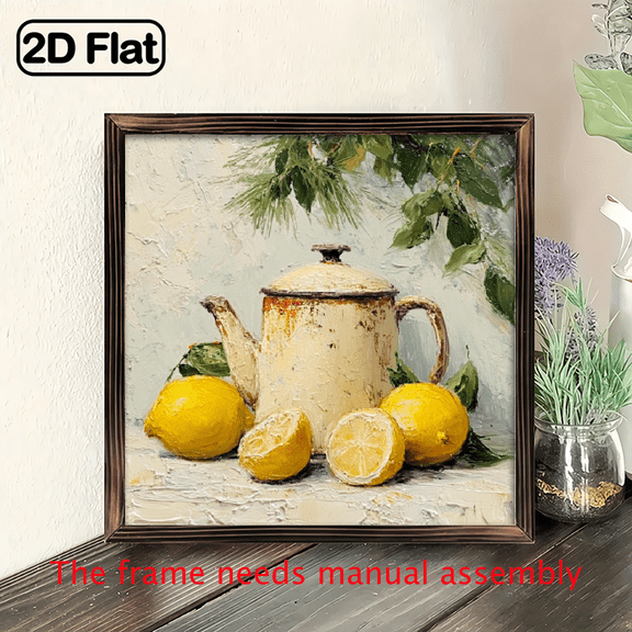 2D Flat, 1pc, Charming Wooden Lemon Art Sign, with Framed SpringSummer Lemon Still Art Decorative Sign for Home Kitchen, Garage, Office, Ideal Gift for Holidays 8x8 Inch, 2D Flat