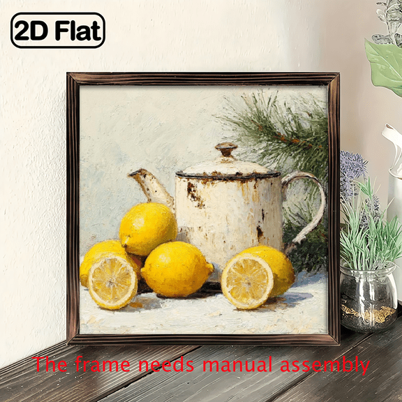 2D Flat, 1pc, Charming Wooden Lemon Art Sign, with Framed SpringSummer Lemon Still Art Decorative Sign for Home Kitchen, Garage, Office, Ideal Gift for Holidays 8x8 Inch, 2D Flat