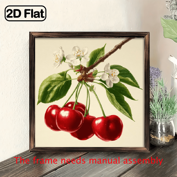 2D Flat, 1pc Cherry Branch Wall Art - Artificial Wood Framed Red Cherries White Blossoms Painting, 8x8 Inch Square Fruit-Themed Vertical Hanging Sign.wooden board painting.