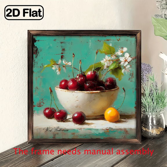 2D Flat 1pc Cherry White Wood Framed Farmhouse Wall Art - Turquoise Blue Distressed Effect Picture, 8x8 Inch Rustic Fruit Still Life with Hanging Hooks, Perfect Festive Gift For Friends