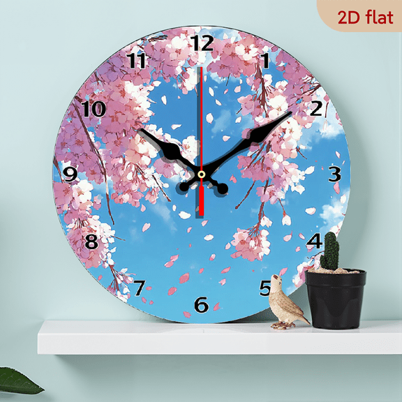 2D Flat, 1pc, Cherry blossom tree Backdrop Clock10Inch Wood Veneer Europe and America Style Round Silent Flat Wall ClockAdd Joyful Time to Your Study Or Living Room, Pe
