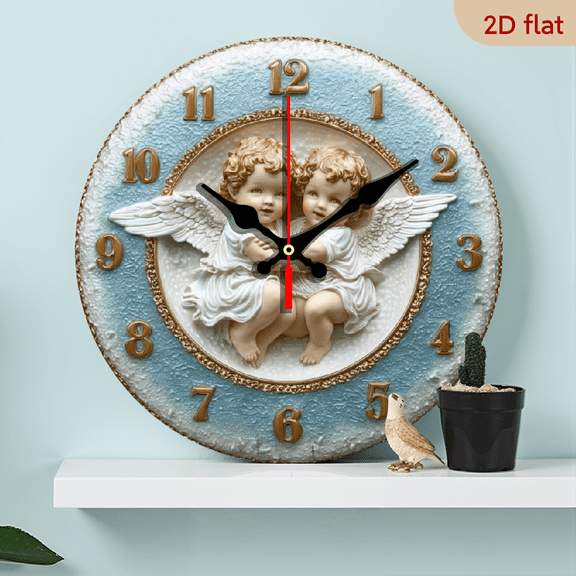 2D Flat, 1pc Cherubic Angels Wooden Wall Clock - Silent, No Ticking, Farmhouse Style Decor for Kitchen, Bedroom, Office - 10-inch, Angel-Themed Design with Golden Bones and Blue Background, Office