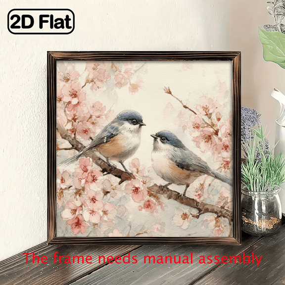 2D Flat, 1pc, Chic Birds And Cherry Blossoms Art Wooden Sign 8x8 Inch with Frame Farmhouse Style Wall Decorative Sign for Bathroom, Garden, Cafe, Bar, Office Decor, Ideal Gift for Holidays