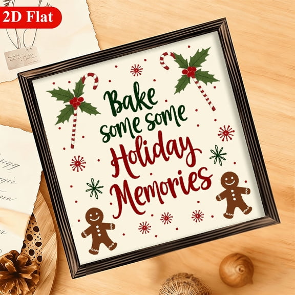 2D Flat, 1pc Christmas Gingerbread Candy Cane Wreath Wall Art with Wood Frame - Horizontal 12x12 Inch Gingerbread House Candy Cane Door Decor, Ready-t