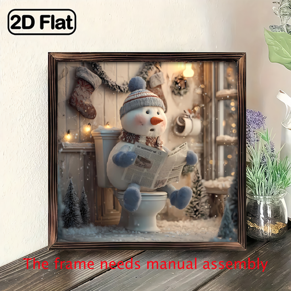2D Flat, 1pc Christmas Snowman Bathroom Humor Canvas Wall Art - Hyper-Realistic Wooden Framed for Holiday Home Decor, Seasonal Festive Wall Cut-Outs for Parties Celebrations. 8*8 inch