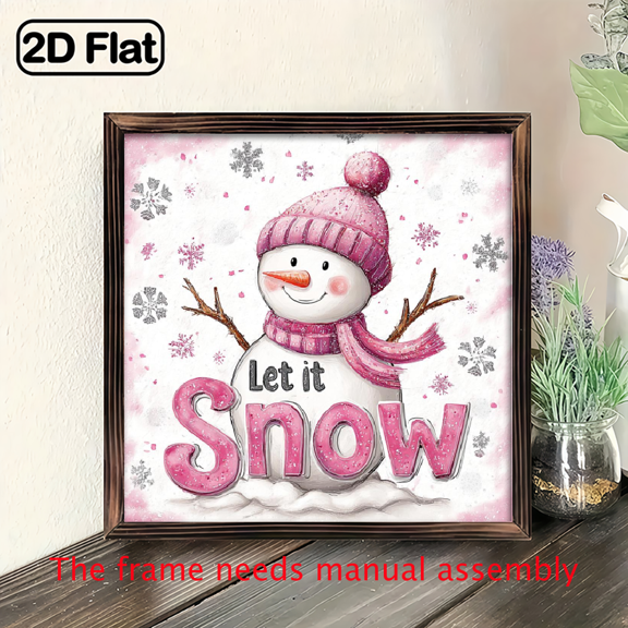 2D Flat, 1pc, Christmas Snowman Wall Art - Rustic Wooden Frame Poster, Square Single Picture Frame with Polished Finish, Lightweight, Horizontal Orientation, Christmas Theme Home Decor, 8x8 Inch -