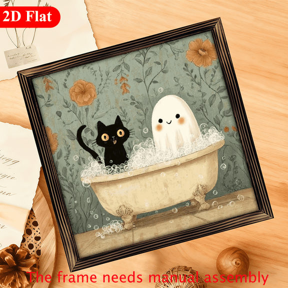 Classic Ghost and Black Cat in Bathtub Vintage Frame Wall Art - Romantic Style Decor for Bathroom, Bedroom, Living Room, Halloween, 12x12 inch Wooden Sign with Floral Background, Ha