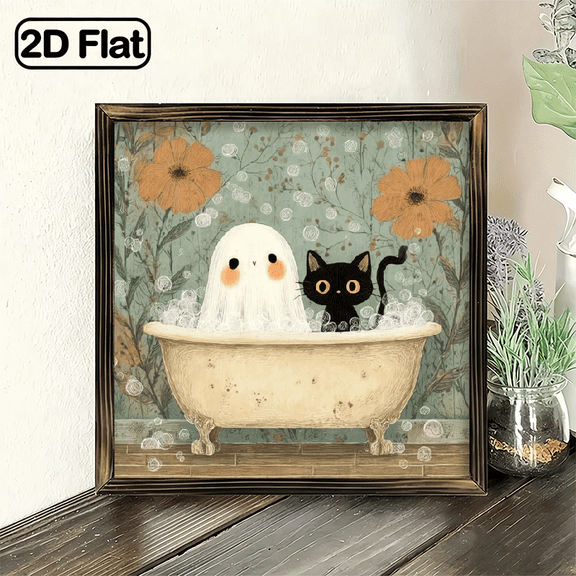2D Flat, 1pc Classic Ghost and Black Cat in Bathtub Vintage Frame Wall Art - Romantic Style Decor for Bathroom, Bedroom, Living Room, Halloween, 8x8 inch Wooden Sign with Floral Background, Hall