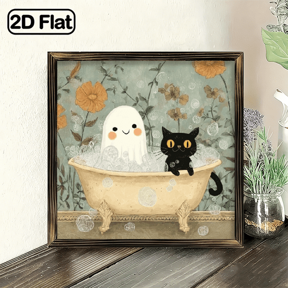 2D Flat, 1pc Classic Ghost and Black Cat in Bathtub Vintage Frame Wall Art - Romantic Style Decor for Bathroom, Bedroom, Living Room, Halloween, 8x8 inch Wooden Sign with Floral Background, Hall