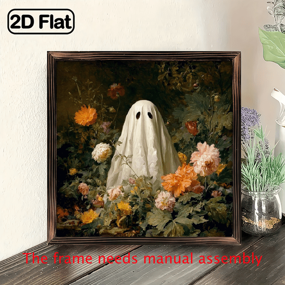 2D Flat, 1pc Classic Ghost in Floral Garden Wood Framed Sign - Vintage Halloween Decor, 8x8 Inch Wall Hanging for Farmhouse, Bedroom, Living Room, Autumn, Haunted House Decor