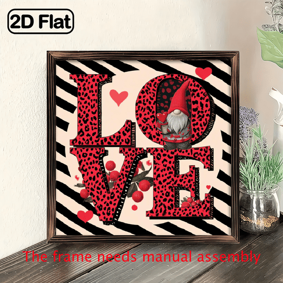 2D Flat - 1pc Classic Love Gnome Valentine'S Day Wood Framed Sign 2D Flat, Rustic Style, Wall Hanging Decorative Sign for Home, Living Room, Bedroom, Cafe, Party, 8x8 Inch