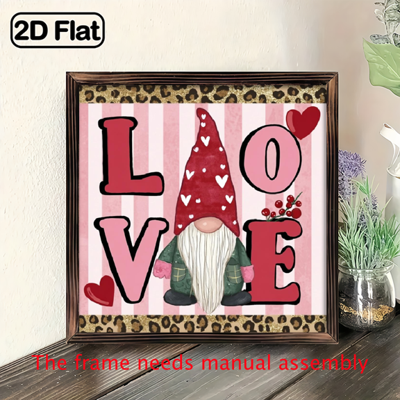 2D Flat - 1pc Classic Love Gnome Wood Framed Sign Valentine Leopard Heart, Wall Decor for Living Room, Bedroom, Kitchen, Office, Cafe, 8x8 Inch, Rustic Style, 2D Flat Printing