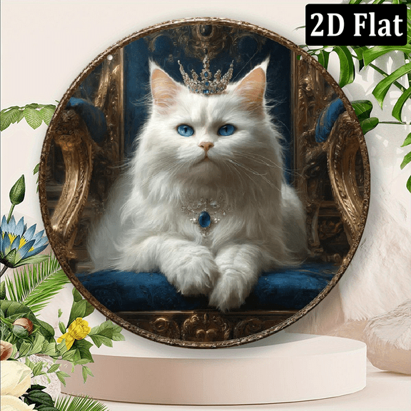 2D Flat, 1pc Classic Style Crowned Cat Decorative Aluminum Wall Hanging Sign, 8x8 Inch, Waterproof, Weather-Resistant, Pre-Drilled, with Multipurpose 2D Flat Print Round Metal Plaque  8*8in