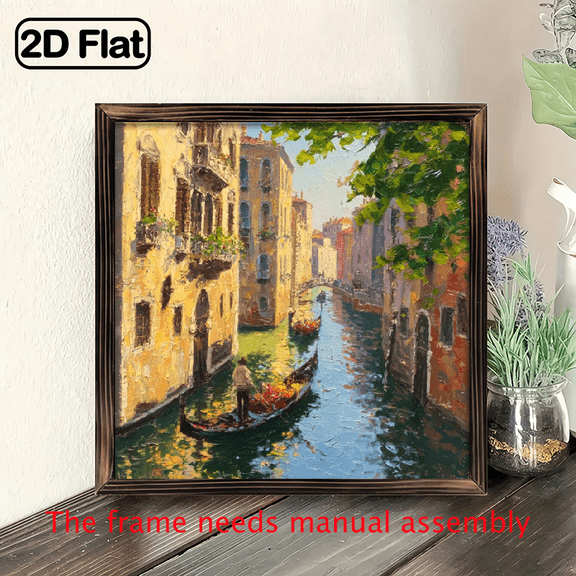 2D Flat - 1pc Classic Venice Gondola Scene Wooden Frame Wall Art - 8x8 Inch, Vintage Summer Theme Decor for Living Room, Bedroom, Office, or Gallery, Office Decoration Vintage Wall