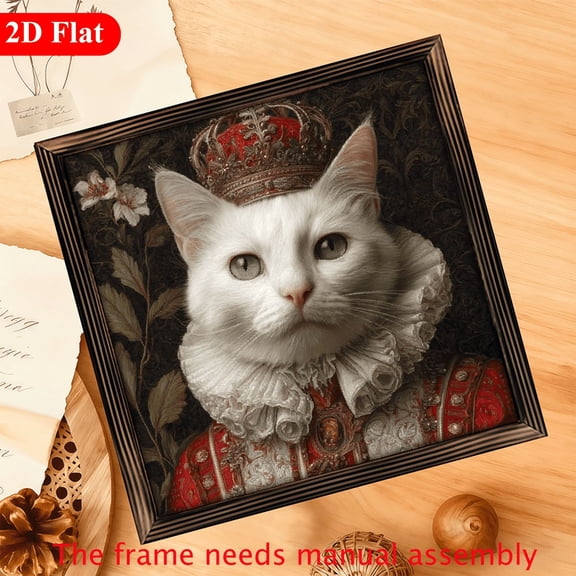 2D Flat 1pc, Classic White Cat Crown Portrait Wooden Sign, 12x12 Inch Rustic Farmhouse Wall Art, No Battery Required, Ideal for Home, Kitchen, Bedroom, Bathroom, Office Decor, Perfect Housewarmi