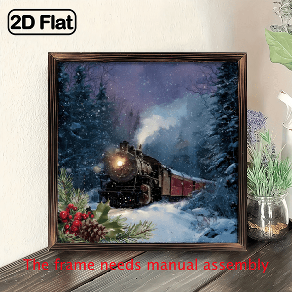 2D Flat, 1pc Classic Winter Train Scene Wood Framed Sign - 8x8in Rustic Christmas Wall Decor with Snowy Night Train Snowflakes, No Electricity Needed, Decorative Sign, Plaque