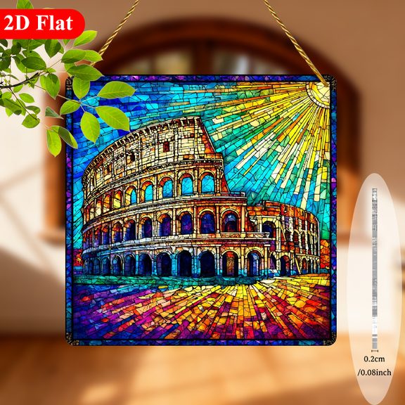 2D Flat, 1pc Colosseum Rome Italy Themed 8-Inch Square Suncatcher Window Plaque - Italian Landmark Ornament for Italian Culture, Hanging Decoration for, Porch for home Art