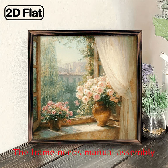 2D Flat - 1pc Country Farmhouse Style Decorative Art Print Rose Window Sill Art with Vintage Wooden Frame, Ideal for Home, Kitchen, Living Room.8x8 inch