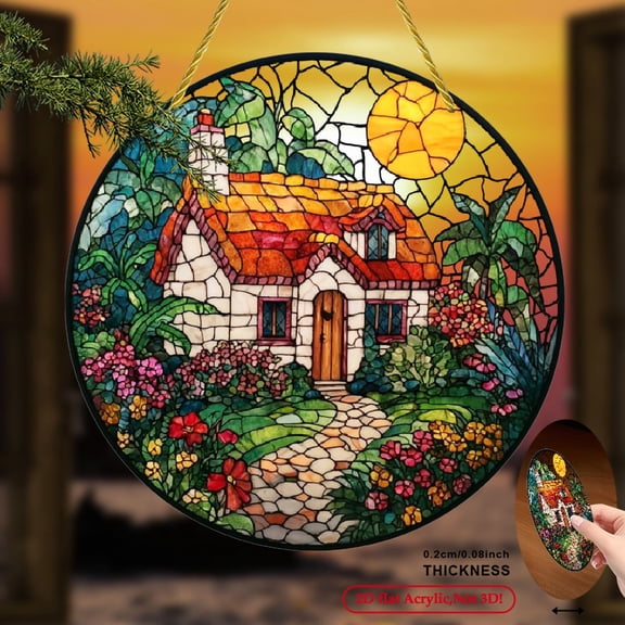 2D Flat 1pc Country House and Flowers Night Scene Sun Catcher, Round Acrylic Sign, Stained Glass Style Window Hanging Decoration, Suitable for Home Decor, Fall and Winter Holidays, 8x8 inches