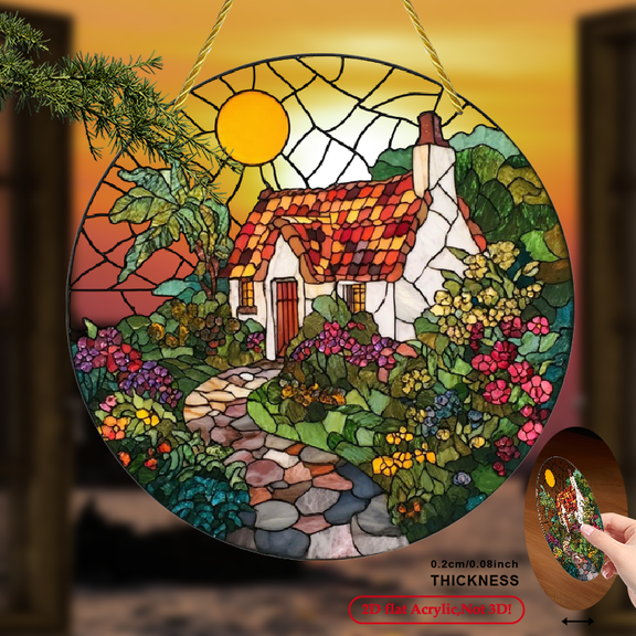 2D Flat 1pc Country House and Flowers Night Scene Sun Catcher, Round Acrylic Sign, Stained Glass Style Window Hanging Decoration, Suitable for Home Decor, Fall and Winter Holidays, 8x8 inches