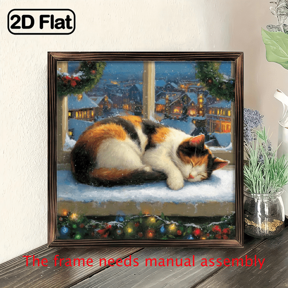 2D Flat, 1pc, Cozy Cat Christmas Calico Cat On Window Sill, Winter Village View, Warm Holiday Decor, Wooden Framed Sign Winter Wonderland, Wall Art, Artistic, Wall Decor for Home, Living Room
