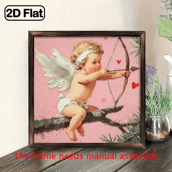 2D Flat, 1pc Cupid with Bow Arrow Wooden Sign - Pink Background Painting, 8x8 Inch Rustic Farmhouse Cupid Plaque for Valentine's Day, Horizontal Framed Hook for hanging, Decor for Bedroom, Bathroo
