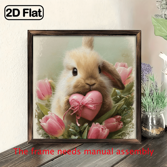 2D Flat, 1pc Cute Bunny Pink Tulip Wooden Sign 8x8 Inch - Farmhouse Style Rustic Wall Art with Frame, Recycled Wood Decor for Living Room, Garden, Office Desk - Christmas Independence Day Holiday