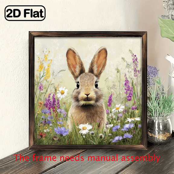 2D Flat, 1pc Cute Bunny in Floral Field Wall Art - 8x8 Inch Square Artificial Wood Frame, White Wildflowers Painting (Daisies, Lavender), Room.