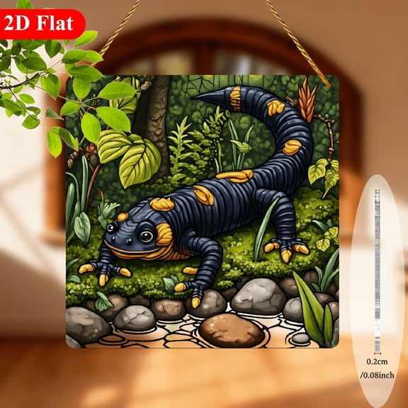 2D Flat, 1pc Cute Cartoon Salamander Suncatcher Hanging Plaque - 8 Inch Square Acrylic Window Decor with Vibrant Green Orange Amphibian Design, Lightweight Durable Frameless Art for Home, Christmas