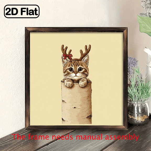 2D Flat, 1pc Cute Cat with Deer Antlers Wooden Wall Art Sign 8x8 Inch Framed Print Rustic Farmhouse Style Home Decor for Kitchen, Living Room Easy Mounting Hardware Included.