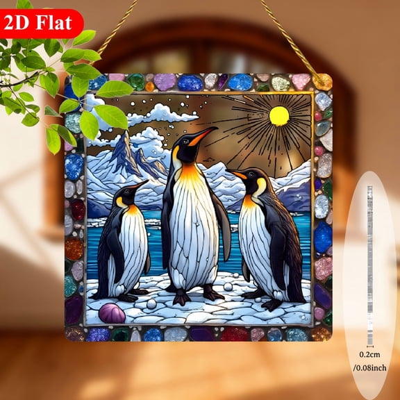 2D Flat, 1pc Cute Penguin Suncatcher Window Hanging Decor - Stained- Style Square Winter Snowflake Antarctic Penguin Art with 4 Penguinsfor Room,, Christmas Home Decoration 8*8in